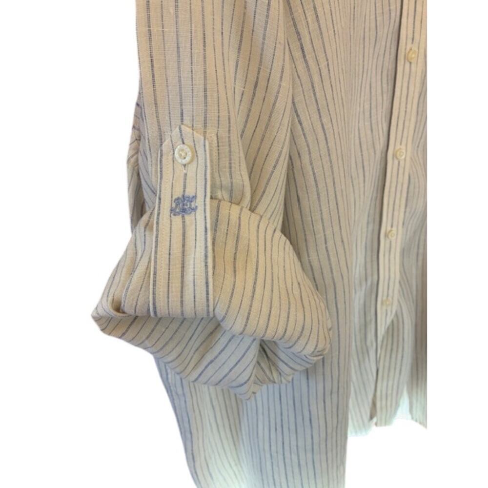 LAUREN Ralph Lauren Off White Blue Stripe 100% Linen Button Up Blouse Size 2X - Picture 7 of 8